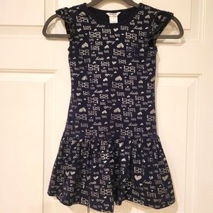 Bebe Girls Size 8 Dress Cap Sleeves Navy Blue With Silver Hearts and Lettering